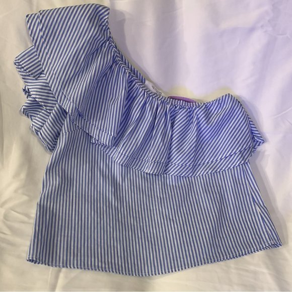 Vertical Striped Ruffle Trim One Shoulder Blouse NWT - Size Medium - Picture 6 of 6